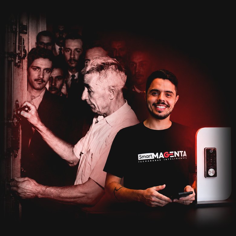 Quatro gera&ccedil;&otilde;es da Magenta: os fundadores ao fundo, um chaveiro abrindo um cofre e o t&eacute;cnico atual com uma fechadura digital